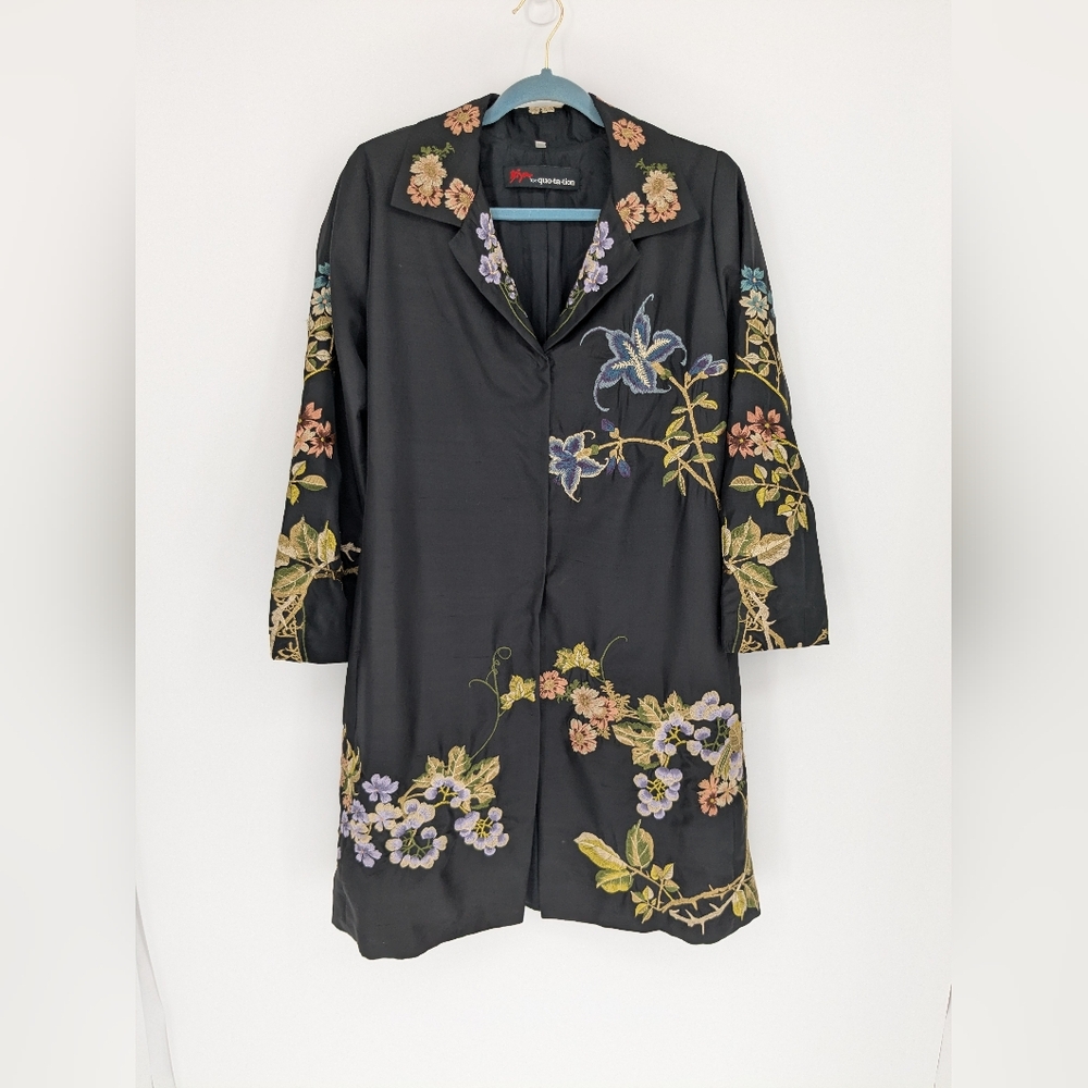 Vintage Biya for Quotations Silk Coat Medium Floral Embroidered Long Boho Jacket